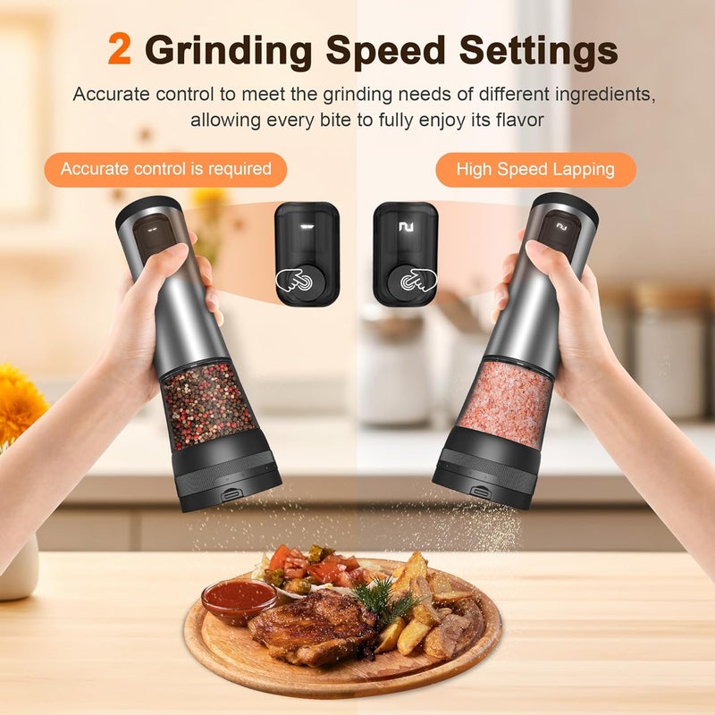 Flelano Electric Salt and Pepper Grinder Set, 2-Speed Setting, Stainless Steel Rechargeable Automatic Pepper Mill Shakers with USB Charging Base,100ml Large Capacity, External Adjustable Coarseness,LED Light - Image 3